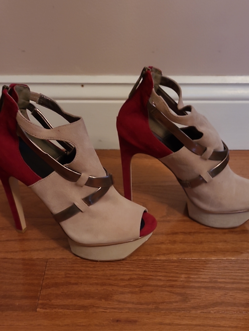 Calvin Klein Beige and Red Suede Platform Peep-Toe Heels